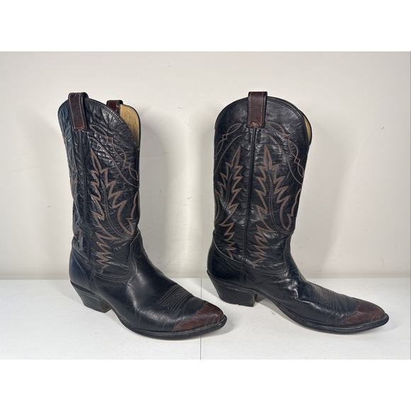 Nocona Western Cowboy Boots Black Leather Brown Toe Mens Size 10 D - Picture 1 of 10